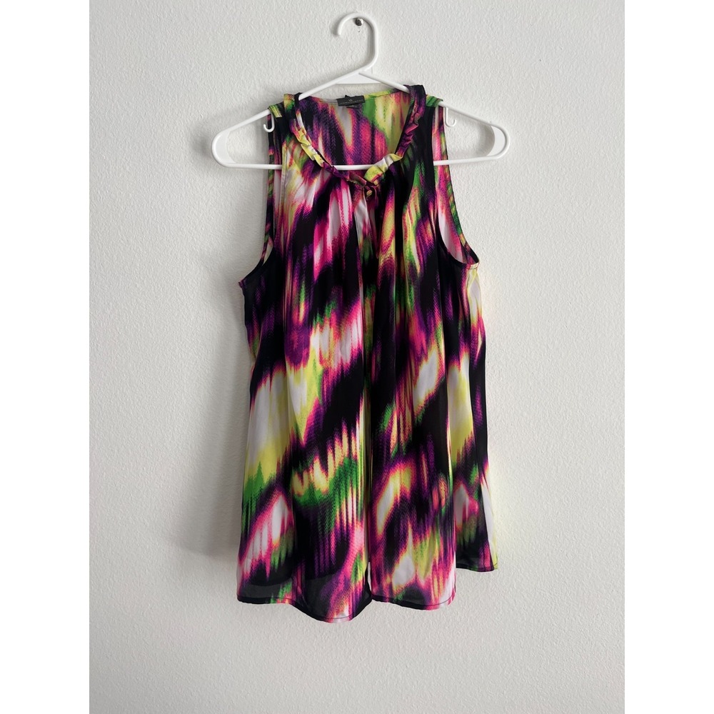 Worthington Blouse Top Womens Large Multicolor Abstract Print Pleated Round Neck